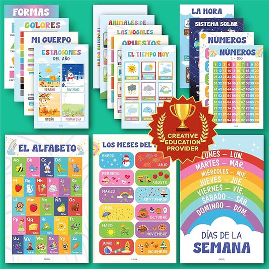 EXCOOL CLUB 16 Spanish Classroom Posters For Elementary - Colorful Bilingual Educational Posters For Toddlers 1-3, Laminated Learning Poster Preschool Must Haves, Abecedario Para Niños En Español