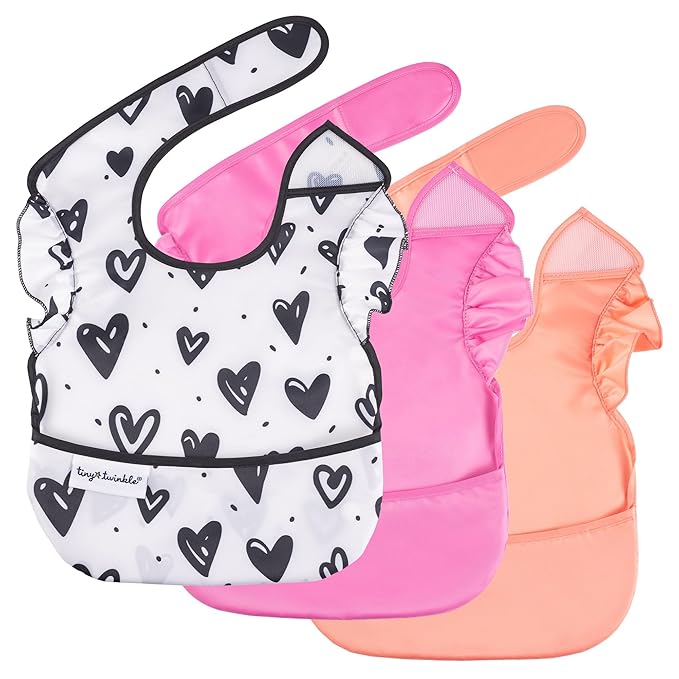 Tiny Twinkle Mess-Proof Baby Bibs for Eating | Waterproof, Wipeable Toddler Bibs with Catch-All Pocket | Feeding Bibs for Girls & Boys(3 Pack,Girl Hearts)