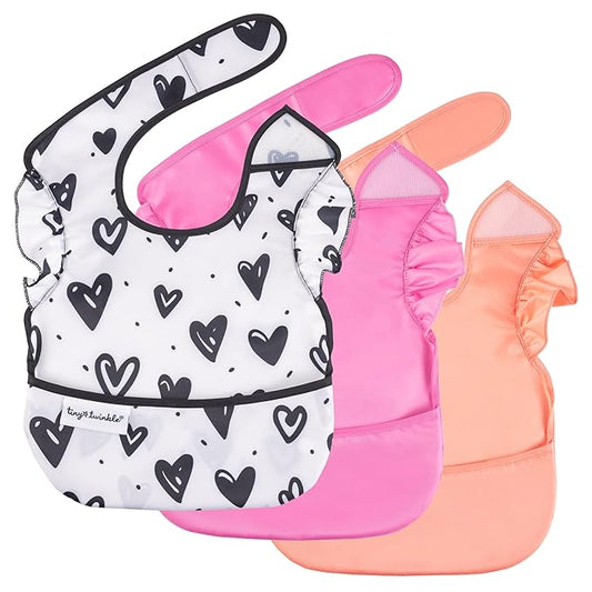 Tiny Twinkle Mess-Proof Baby Bibs for Eating | Waterproof, Wipeable Toddler Bibs with Catch-All Pocket | Feeding Bibs for Girls & Boys(3 Pack,Girl Hearts)