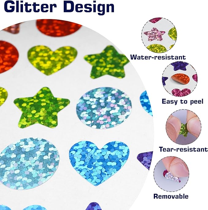 Holographic Star and Heart Stickers for Kids, 2160 Pieces, Rainbow Colors, Kids Reward and Decoration for School Classroom Student Teacher Supplies and Gift Envelope DIY