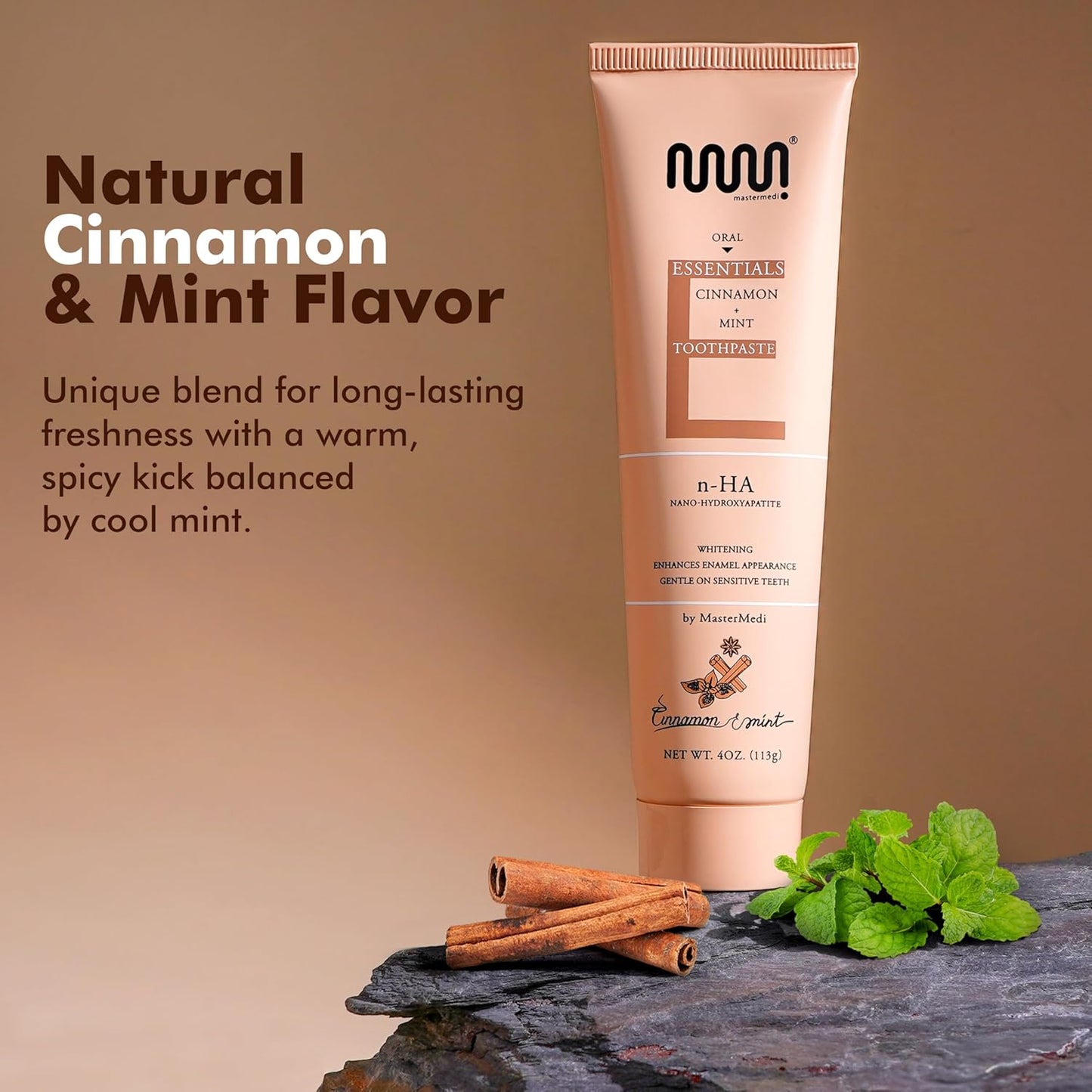 MasterMedi Nano Hydroxyapatite Toothpaste (Inspired by 10% nHA Formulas), Fluoride-Free, Whitening & Sensitivity Relief, Enamel Repair Support, SLS-Free, Xylitol, Mint & Cinnamon 4 Oz (Pack of 1)