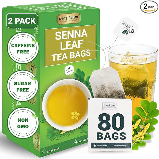 LeafLea 80 Senna Leaf Tea Bags – Natural Herbal Laxative Tea, Supports Gentle Constipation Relief & Healthy Digestion, Caffeine-Free, Sugar-Free, No Gluten, Non-GMO, Vegan, Individually Wrapped