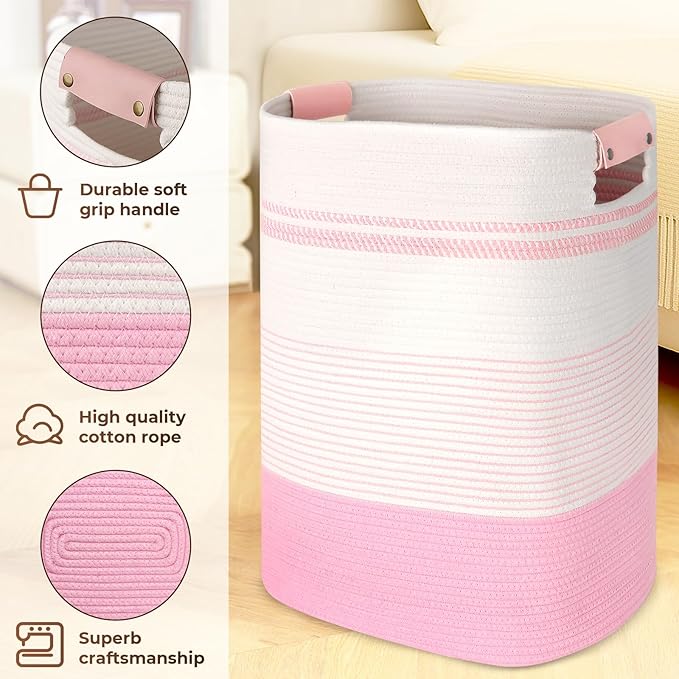 Laundry Basket with Handles - Blanket Basket & Hampers for Bedroom Aesthetic, Laundry Hamper & Blanket Storage for Living Room, Clothes Hamper, Tall, Large 17" x 14" x 22”, Pink & White