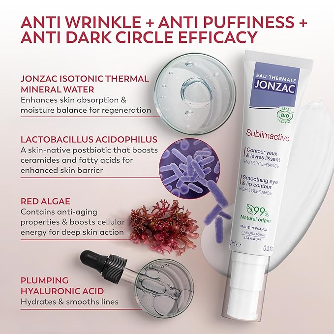 Eau Thermale Jonzac Sublimactive Organic Anti-Aging Eye & Lip Contour Cream - Reduces Fine Lines and Puffy Eyes - Dark Circles Reduced - Natural Skin Care - 0.5 fl oz