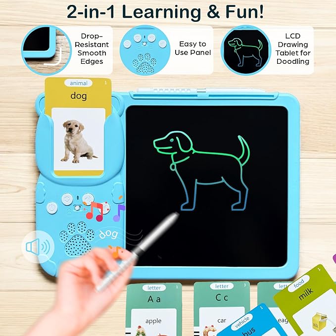Spanish&English Talking Flash Cards for Toddlers - LCD Writing Tablet Kids - Drawing Tablet Toddler Toys 510 Sight Words Learning Montessori - Autism & Speech Therapy Toys - Kindergarten Gifts (Blue)