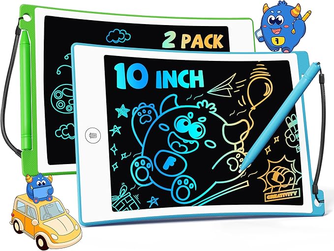 TEKFUN Toys for Kids, 10in 2 Pcs LCD Writing Tablet, Erasable Doodle Board Reusable Drawing Pad for Boys with Anti-Lost Stylus, Car Trip Blue Toys Christmas Birthday Gift for Ages 3 4 5 6 7