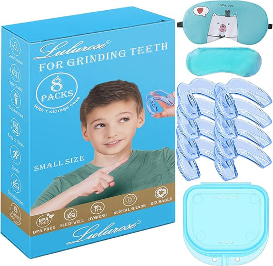 Kids Mouth Guard Blue for Grinding Teeth 8 Pack Moldable Night Guards for Clenching Teeth | Comfortable Nighttime Protection Guard | Including Hygiene Case & Gel Ice Pack