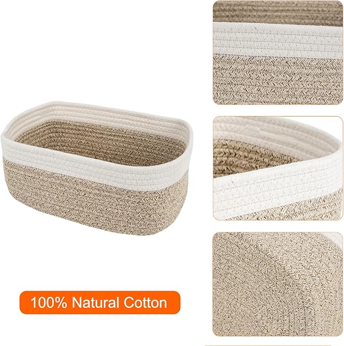 4-Piece Storage Shelf Basket Set, Natural Cotton Rope Woven Basket with Handle, Decorative Rectangle Organizer Bin for Home, Nursery, Montessori, Pet Toy Storage and Bathroom Organization, White&Brown