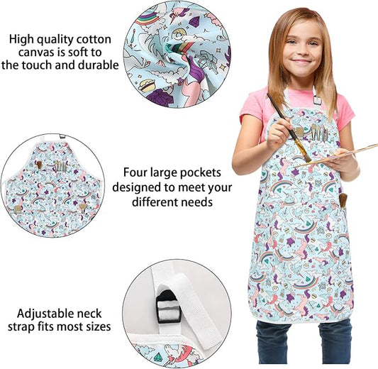 FreeNFond Kids Apron Adjustable Child Apron with 4 Pockets for Baking Painting