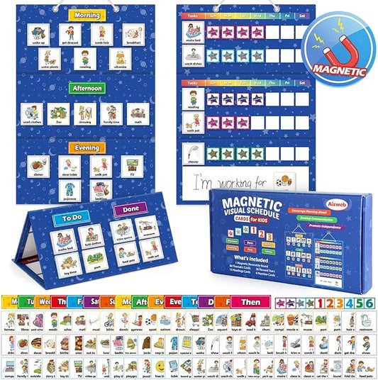 Aizweb Visual Schedule for Kid Chore Chart,Magnetic Morning Bedtime Routine Chart for Toddler,Daily Schedule Magnetic Board Communication Card for ASD,ADHD,PECS Autism Learning Material for Homeschool