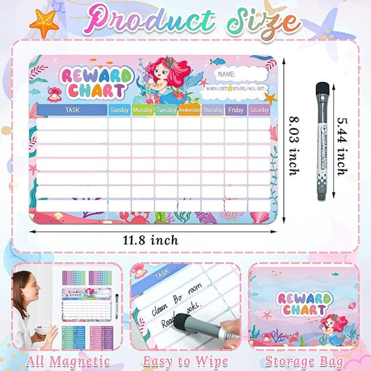 Magnetic Reward Chart for Kids, Mermaid Design Chores Chart for Kids Dry Erase Behavior Chart for Children at Home with 52 Chore Charts &120 Star Stickers Responsibility Chart for Kids Toddlers