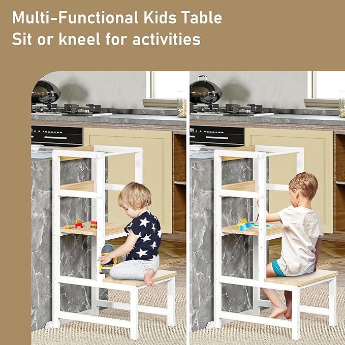 Kitchen Step Stool for Toddlers, Height Adjustable Toddler Tower with Safety Rail, Steel and Wood Toddler Kitchen Stool Helper Kids, Stool for Kids, Learning Tower, Kids' Desk Wood White