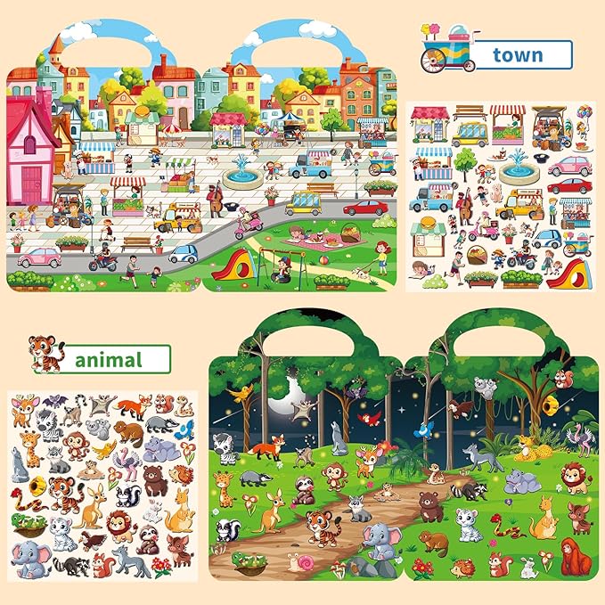 6 Set Reusable Sticker Books for Toddlers 1-3 2-4, Kids 3D Puffy Stickers (Dinosaurs, Forest, Town, Pets, Construction, Insects), Sticker Activity Books