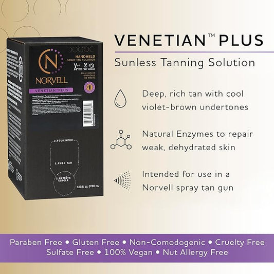 Norvell Premium Spray Tan Solution Venetian Plus 128 fl oz – Professional Sunless Tanning Formula for Deep Natural Bronze Glow, Streak Free, Fast Drying, Long Lasting Color