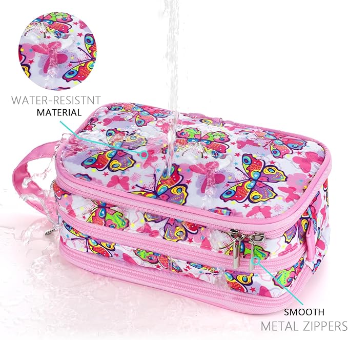 Kids Toiletry Bag for Girls, Travel Toiletry Bag for Little Young Girls Cosmetic Bag Makeup Bag Waterproof Hanging Wash Bag Toddler Toiletries, Butterfly Pink