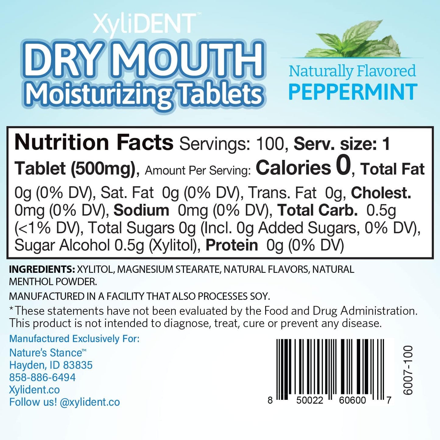 Nature's Stance XyliDENT Xylitol Tablets for Dry Mouth Relief - Stimulates Saliva, Freshens Breath, Reduces Acid Production, Fast Acting Relief, 100 Count (Peppermint) (Pack of 2)