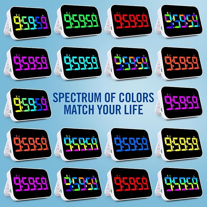 Kitchen Timer（1.5" Number）with Voice Reminder,10 RGB Color Changing Digital Magnetic Timer, Countdown/Up, Rechargeabilit, Brightness Display, 3 Volume Levels and Vibration Mode, for Classroom, Cooking