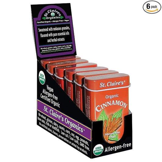 St. Claire's Organic Herbal Pastilles, (Cinnamon, 1.5 Ounce Tin, Pack of 6) | Gluten-Free, Vegan, GMO-Free, Plant-based, Allergen-Free | Made in our Allergen-Free facility