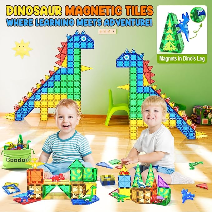 Coodoo Dinosaur Toys Magnetic Tiles - Magnet Building Blocks for Toddler Kids Toys STEM Sensory Outdoor Toy for 3+ Year Old Boys and Girls, Dinosaur World Creative Games Kids