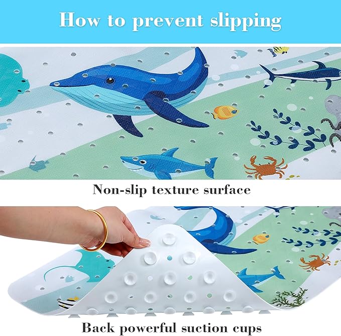 Bath Mat for Tub Non Slip, Machine Washable Anti-Slip Cartoon Baby Bathtub Shower Mat with Drain Holes and Suction Cups for Toddler & Kids (27.5 Inch x 16 Inch-Rectangular, Blue Dolphine)