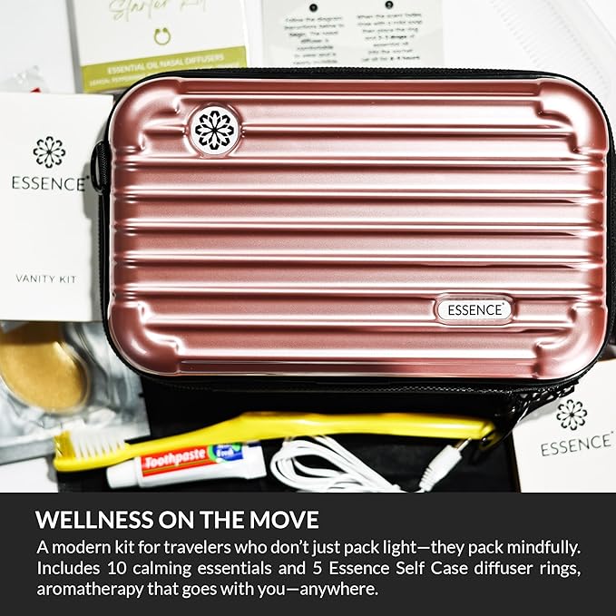 Essence Travel Amenity Kit - Compact Wellness Organizer with 5 Nasal Diffusers + 9 Traveler Comfort Essentials for Flights, Hotels & Adventures - Wearable Aromatherapy Self-Care On the Go