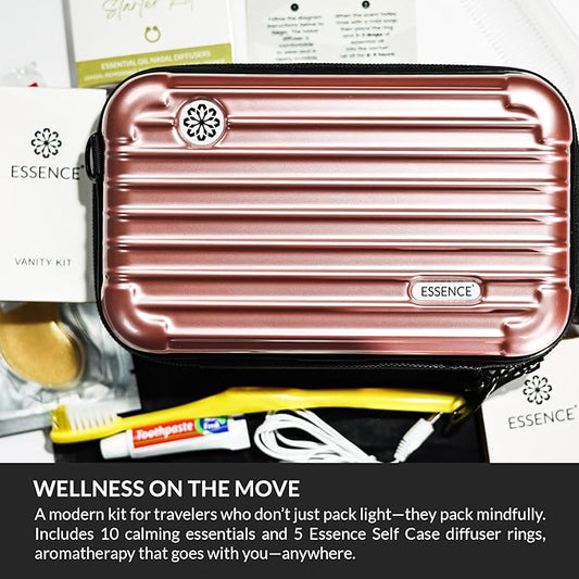 Essence Travel Amenity Kit - Compact Wellness Organizer with 5 Nasal Diffusers + 9 Traveler Comfort Essentials for Flights, Hotels & Adventures - Wearable Aromatherapy Self-Care On the Go