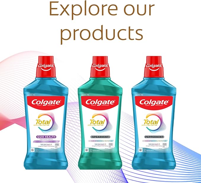 Colgate Total Alcohol Free Mouthwash, Peppermint for Bad Breath, Helps Prevent Gingivitis and Plaque, 3 Pack, 33.8 Oz Each