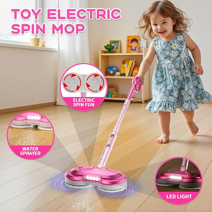 Kids Electric Spin Mop Toy, Rechargeable Cordless Electric Mop W/ Water Sprayer & LED Headlight for Children Ages 3 4 5 6+ Girls & Boys, Cleaning Toy for Pretend Play (Pink)