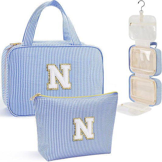 YOOLIFE Hanging Toiletry Bag for Women - Large Travel Toiletry Bag Makeup Bag, Portable Toiletries Cosmetic Bag, Airplane Travel Essentials - Letter N, Blue