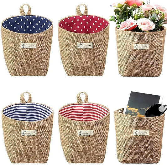 6 PCS Mini Hanging Storage Bags, Anberky Cotton Linen Small Storage Basket Wall Hanging Organizer Box Wall Mounted Storage Pocket Collapsible Decor Bin Bag with Handle for Wall Door Closet (#A)