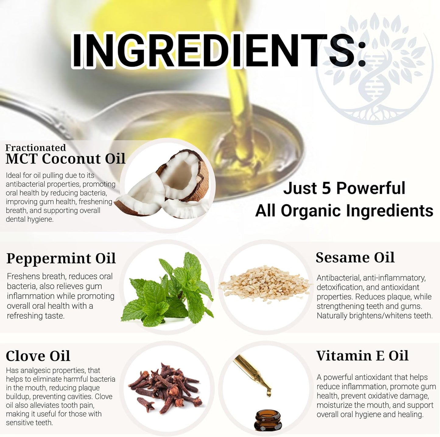 Oil Pulling Blend for Healthy Teeth and Gums with Organic Sesame, Coconut Oil - Organic Clove, Peppermint Vitamin E Oil Mouth Rinse for Fresh Breath Oral Health and Cleaner Teeth and Gums 8 Fl oz