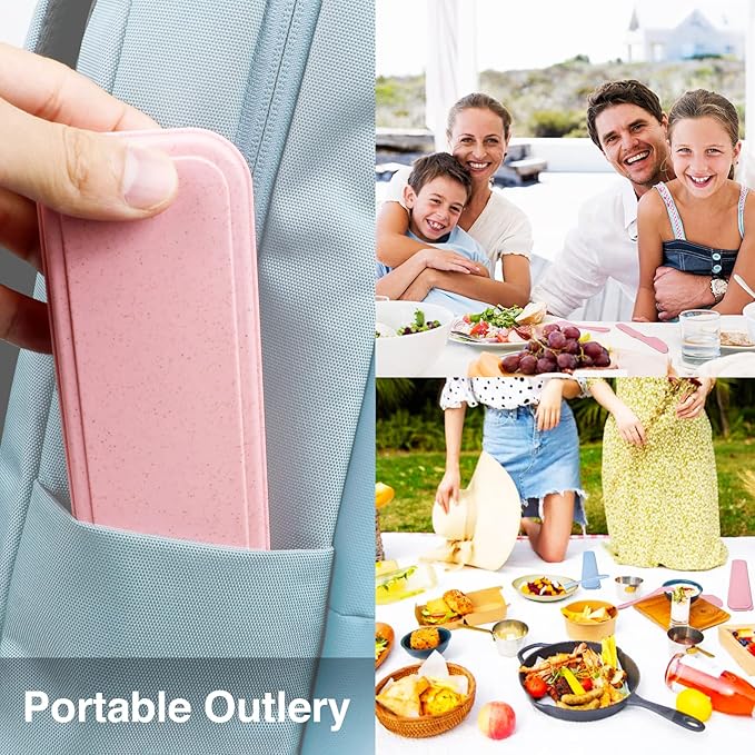 Reusable Travel Utensils Set with Case, Beige Wheat Straw Portable Knife Fork Spoons Tableware, Eco-Friendly BPA Free Cutlery for Kids and Adults as Travel Picnic Camping Utensils