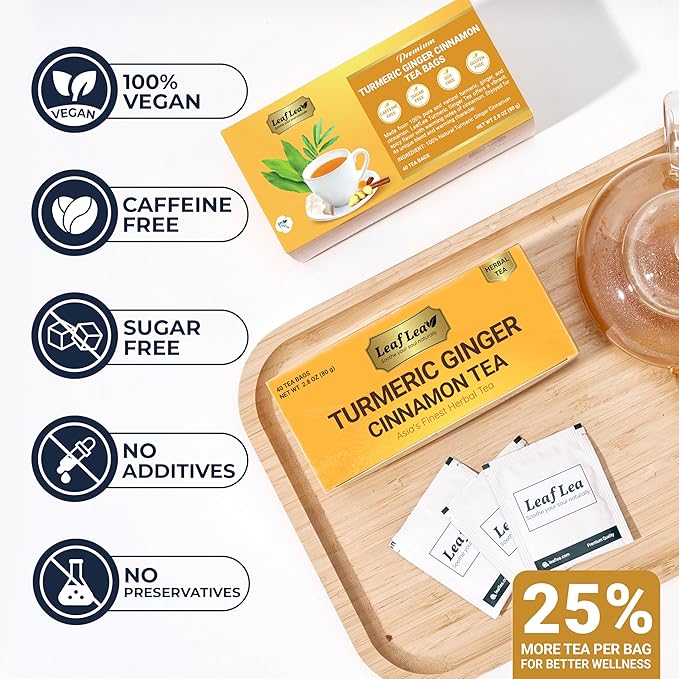 LeafLea 240 Turmeric Ginger Tea Bags, 100% Natural Herbal Blend with Cinnamon, Supports Digestion and Immune Health, Warm and Spicy Flavor, Sugar-Free, Caffeine-Free, Non-GMO, Pack of 6