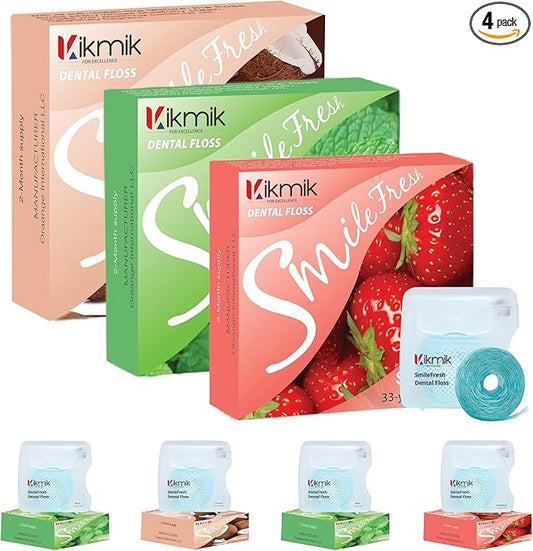 4-Pack Woven Dental Floss - 2 Mint, Strawberry & Coconut Floss - Shred Resistant, Extra Wide Woven Floss Dental, Gentle On Gums, 33 Yards Each