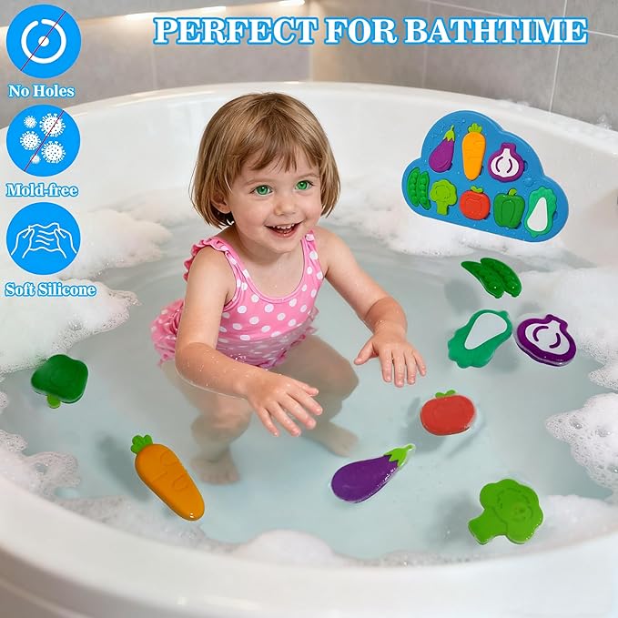 Silicone Bath Toys, No Hole Vegetable Bathtub Toys, Mold-Free Soft Bath Toys for Toddlers, Easy Clean Early Learning Sorting Toy, Floating Tub Toys for Kids - Birthday Gift for Boys Girls