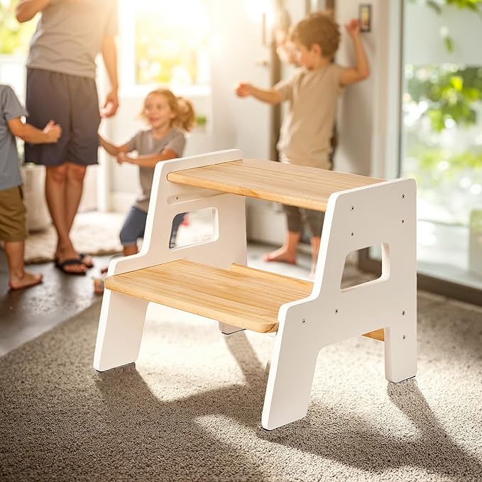 Toddler Step Stool for Kids - Height Adjustable Non-Slip Wooden Step Stool for Bathroom Sink, Kitchen & Potty Training 2-Step - White