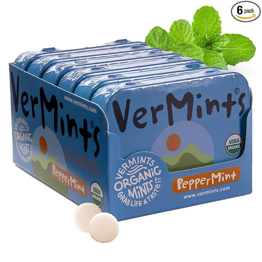 VerMints Organic Breath Mints PepperMint Candy Mints for Real Long-Lasting Flavor, Travel Size Tin - Non-GMO, Nut Free, Gluten Free, Vegan, Kosher Peppermints - 1.41oz Tins (Pack of 6)
