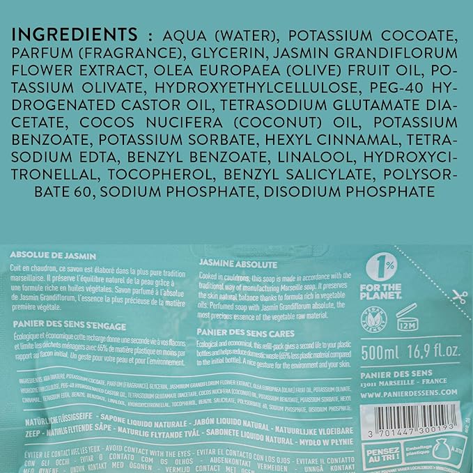 Panier des Sens - Liquid Hand Soap Refills - Jasmine Foaming Hand Soap Refill - French Moisturizing Hand Wash with Coconut Oil - Kitchen & Bathroom Soap - 97% Natural - 34 Fl.oz