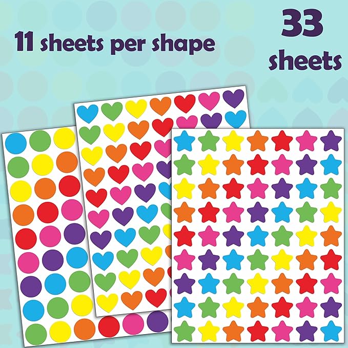 2150 Pcs Star Heart Dot Stickers for Kids Rainbow Reward Small Shape Self Adhesive Sticker for School Classroom Student Teacher Supplies Behavior and DIY Decoration
