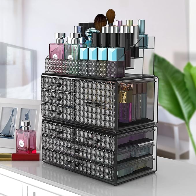 3 Pack Makeup Organizer Stackable[Upgraded], Acrylic Cosmetics Storage Cases with 8 Drawers Perfume Organizers For Brush Holder or Jewelry Display,Plus Size,Best For Vanity,Bathroom or Countertop