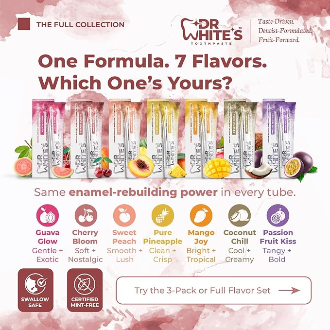 Dr. White’s Fluoride-Free nHA Toothpaste; Dentist-Formulated, Nano Hydroxyapatite + Xylitol, Sensitivity Relief Complex™, Mint-Free, Enamel Safe, Swallow-Safe (3.5 Oz, Cherry Bloom)