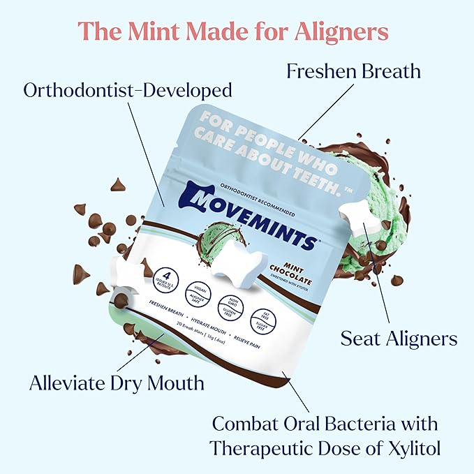Movemints Clear Aligner Mints - Patented, Edible Alternative to Chewies - Freshen Breath and Improve Dry Mouth with Xylitol - Mint Chocolate (3 Pack)