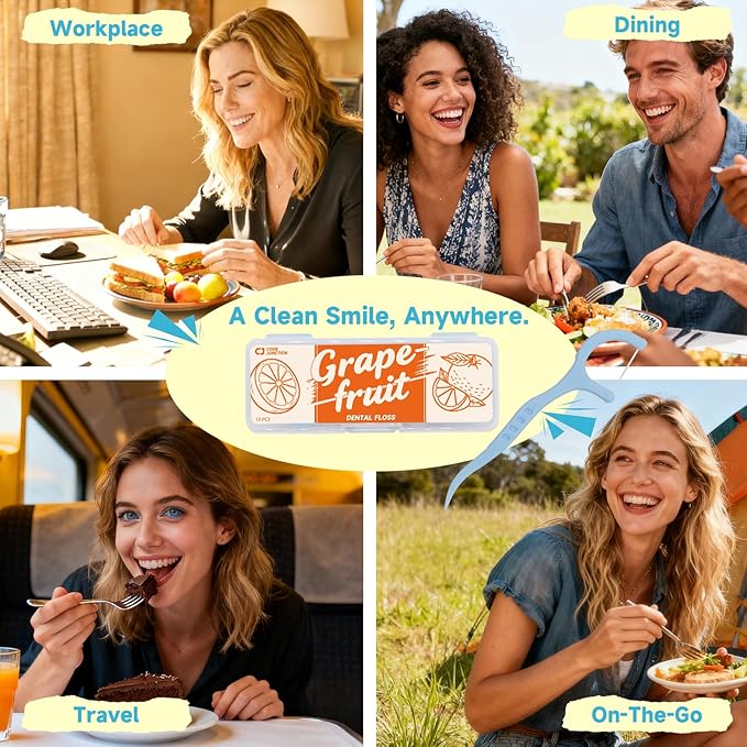 Travel Floss Picks, 4-Flavor Variety Pack (Mint, Strawberry, Grapefruit, Peach), 120 Count Dental Floss for Adults (3 Boxes of 4 Travel Packs)