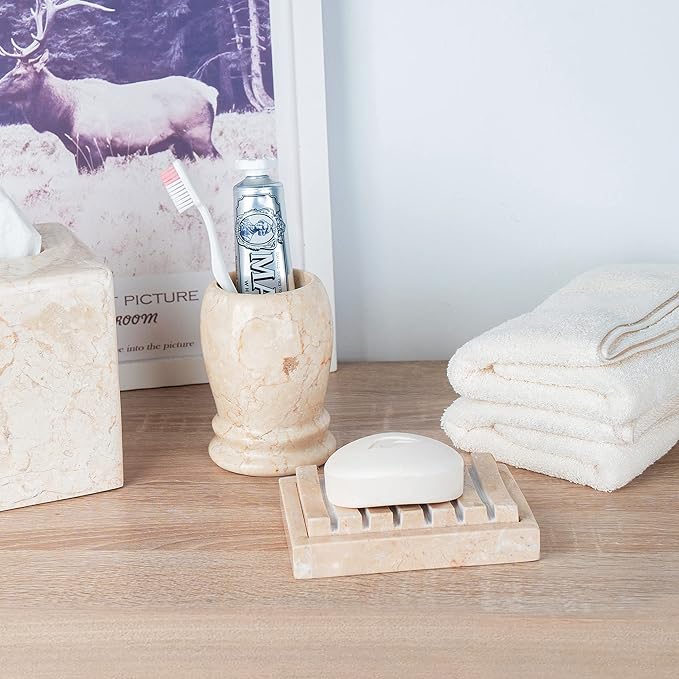 Natural Champagne Marble Soap Dish – Handcrafted & Polished Luxury Soap Tray for Bathroom, Kitchen, and Sink Countertops, Elegant Design Used in 5-Star Hotels (5.2” L x 4” W, Beige Natural Stone)