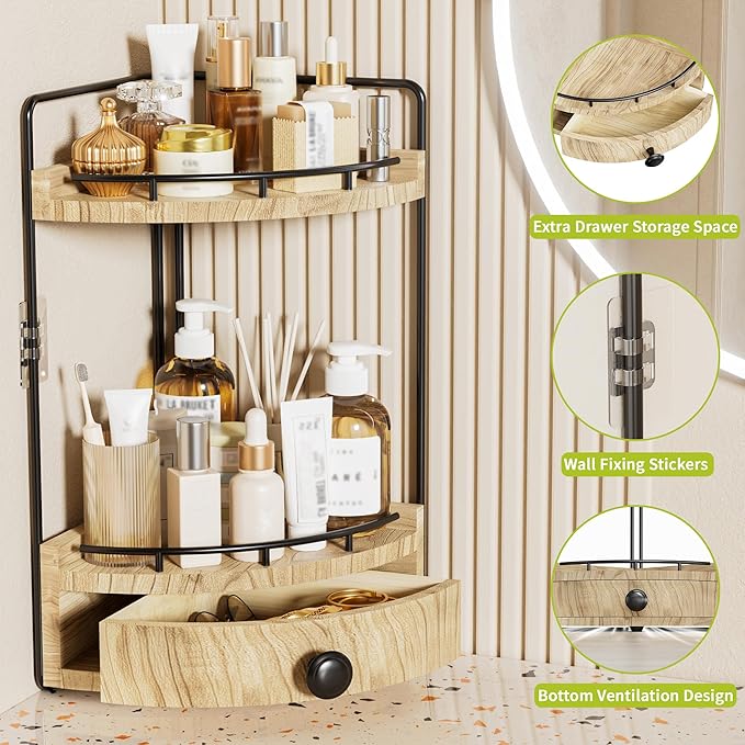 2-Tier Corner Bathroom Counter Organizer with Drawer & Embedded Screw Holes - Wooden Countertop Organizers for Skincare, Makeup Storage, Bathroom Sink Counter Shelf for Vanity, Kitchen