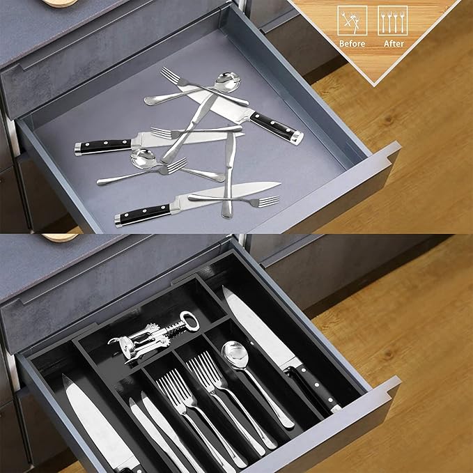 VaeFae Bamboo Drawer Organizer, Expandable Silverware Drawer Organizer, Cutlery Tray with Dividers for Kitchen Utensils (Black, Medium)