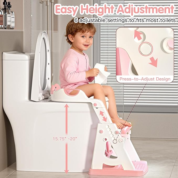 Potty Training Seat, 2 in 1 Potty Training Toilet with Step Stool for Boys Girls, Toddler Toilet Seat with Stabilizer Bar, Anti-Slip Pads and Splash Guard, Pink