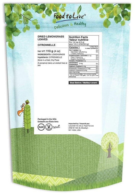 Food to Live Dried Lemongrass Leaves, 4 Ounces – Cut Lemon Grass Herb, Vegan, Bulk. Lemony Flavor and Aroma. Rich in Vitamin C. Essential Ingredient for Thai, Indian, Indonesian Dishes. Perfect for Herbal Tea
