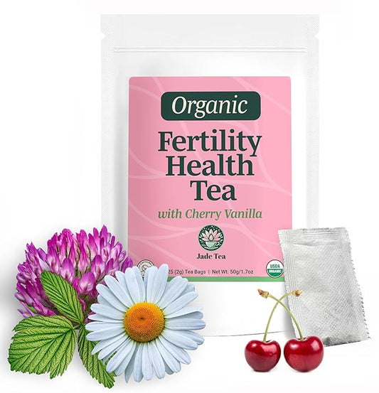 Jade Tea - Organic Women's Fertility Tea, 2 in 1 Hormone Balance Tea & Period Pain Relief - Red Raspberry Leaf, Lady’s Mantle, Red Clover, Chamomile, & Damiana Leaf, Cherry Vanilla - Made in USA