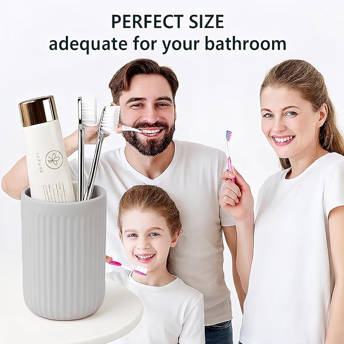 BosilunLife Ceramic Toothbrush Holder - 12oz Bathroom Toothbrush Holder Light Grey Tooth Brush Holders Tumbler Cups Reusable Toothbrush Mouthwash Cup Small Toothbrush and Toothpaste Holder